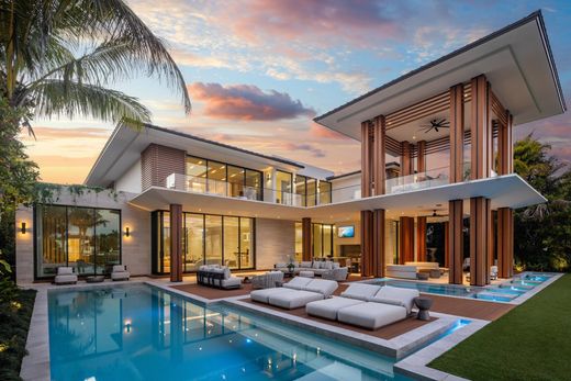 Modern Miami Beach waterfront villa with pool at sunset